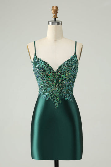 Vestido de cóctel corto ajustado con cuello en V y lentejuelas con purpurina verde oscuro
